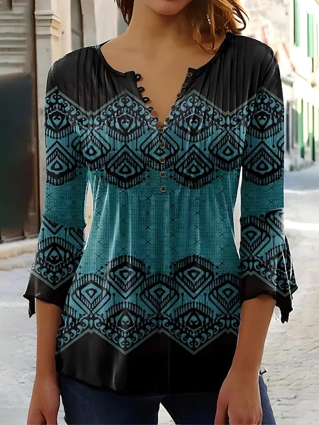 Women's T-Shirt  V Neck Ombre Floral Graphic Elegant 3/4