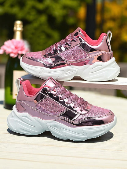 with Platform Sneakers Metallic Women's Glitter Chunky