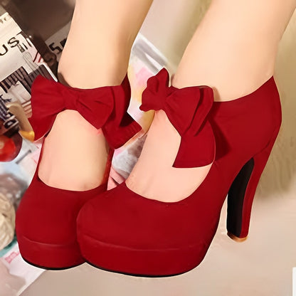 Vintage Heel Pumps Suede Women's High Bow Red Platform –