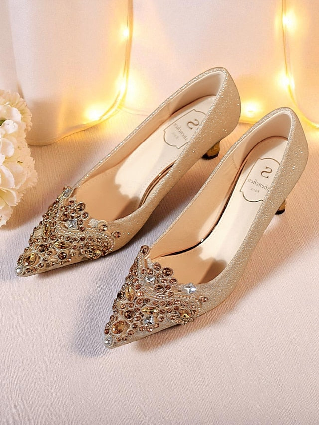 Glitter Pumps Heel Pointed-Toe Gold Low with Women's