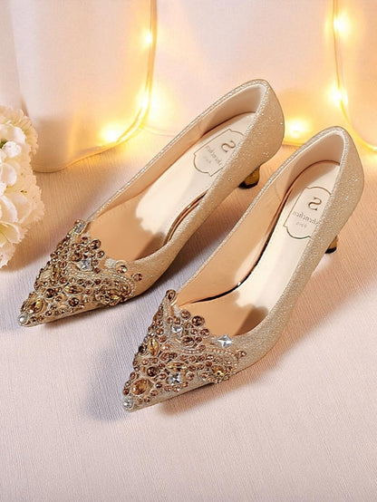Glitter Pumps Heel Pointed-Toe Gold Low with Women's
