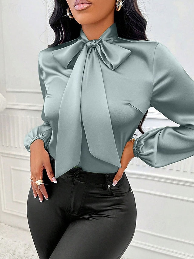 Women's Shirt Elegant Dressy Satin Top Bow Solid Color