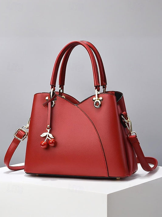 Women's Cherry Charm Faux Leather Handbag with Top Handle
