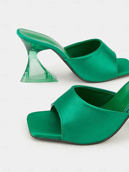 Transparent Satin Open-Toe Green Mules Block for with Heels