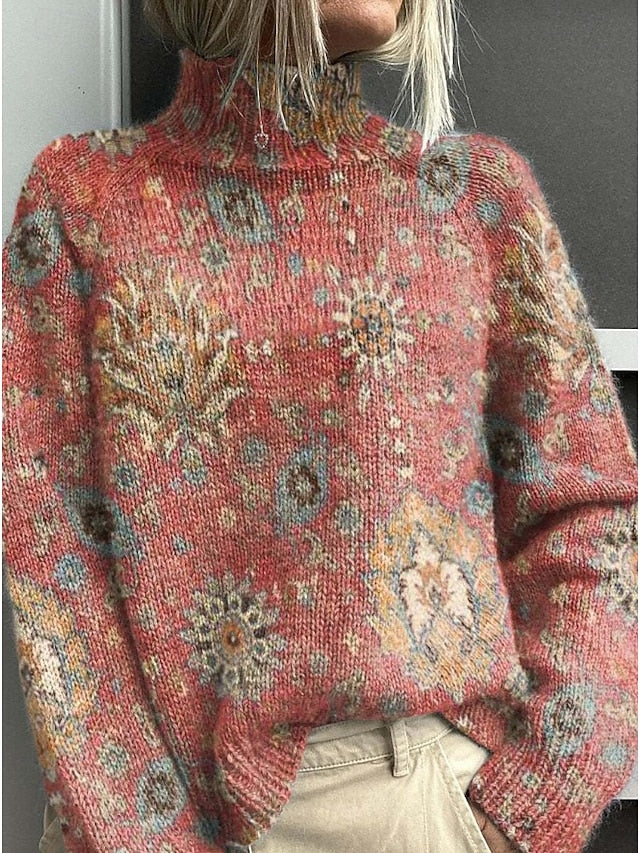 Women's Sweater Casual Soft Floral Ribbed Turtleneck