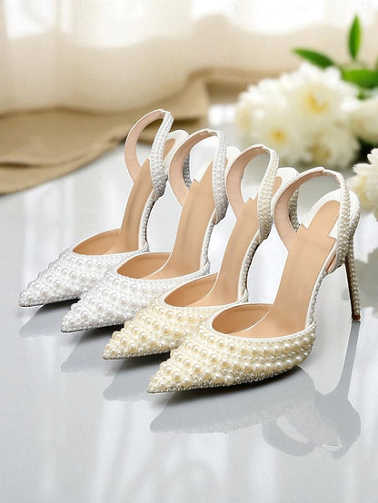 Leather - Heels Slingback Pearl-Embellished Women's White
