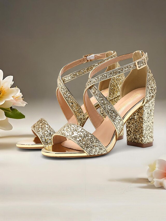 Gold Glitter Women's Heel Sandals Block