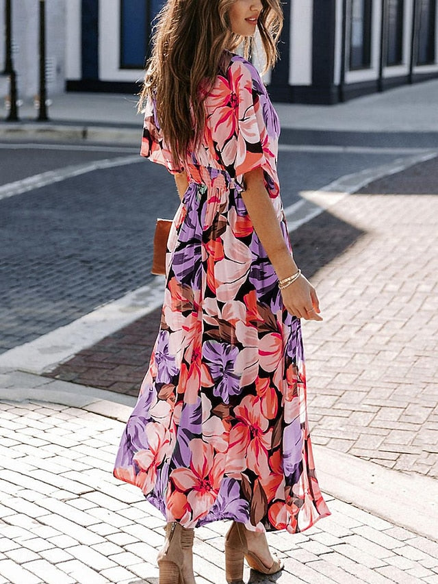 Women's Casual Dress Floral Split Print V Neck Long Dress