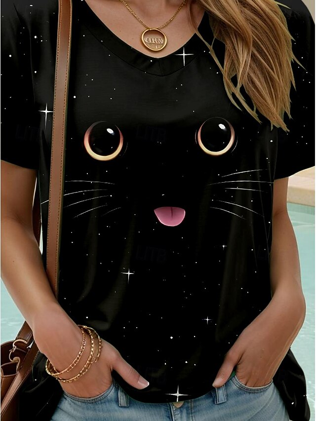 Women's T Shirt Print Graphic Animal Cat Stylish Casual