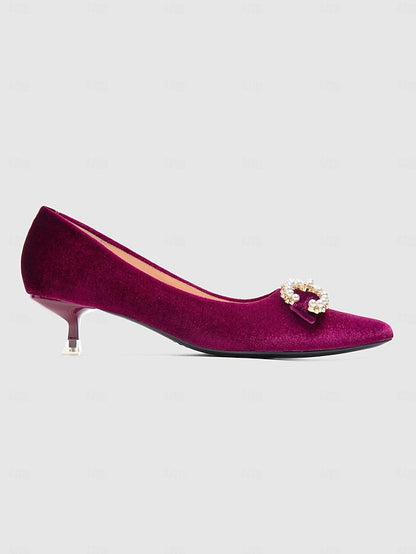 Bow Kitten - with Women's Burgundy Pearl Velvet Heel Pumps