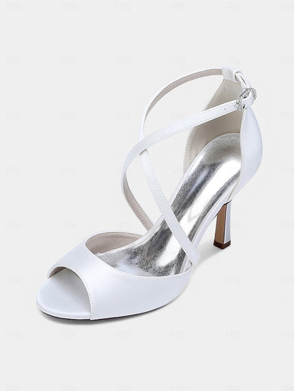 Satin – White Women's Cross-Strap Peep-Toe Heels Elegant
