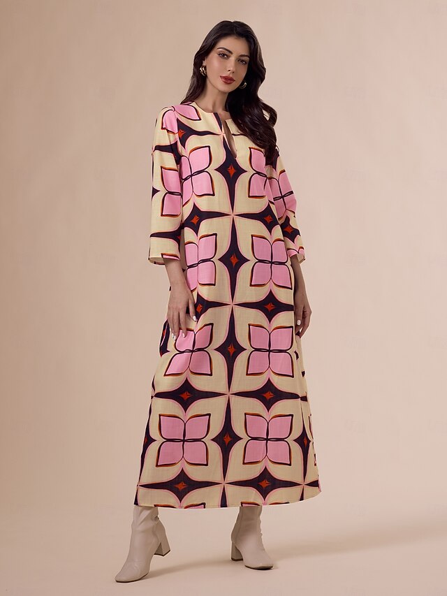 Geometric Print Notched Collar Maxi Dress