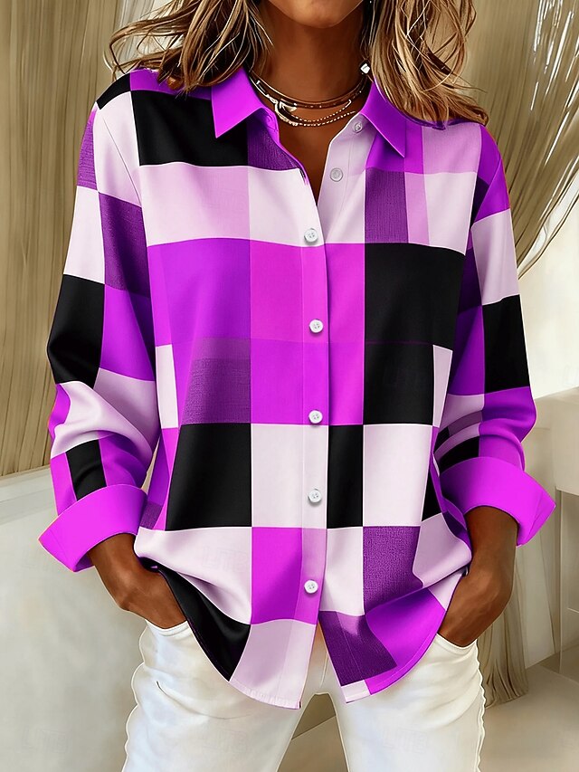 Women's Shirt Patchwork Buttons Print Graphic Plaid Color