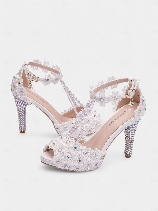 Bridal Lace Floral - Sandals Pearl-Decorated T-Strap White