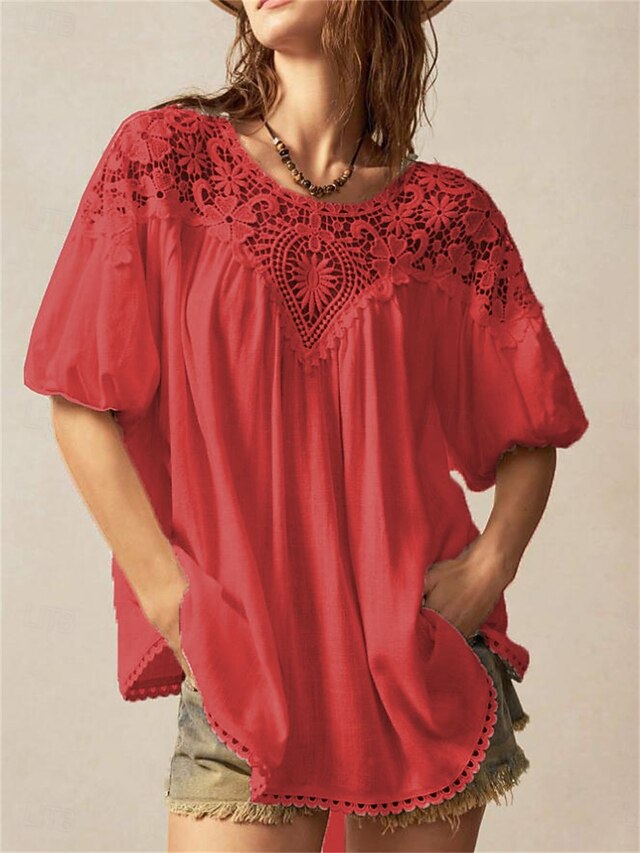 Women's Summer Tops Blouse Lace Tops Ruched Lace Patchwork