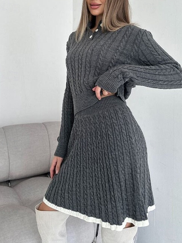 Women's Blouse Sweater Skirt Sets Long Sleeve Shirt Collar