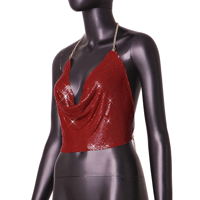 Metallic Chain Camisole Top Sparkle Crop Backless Body Tank