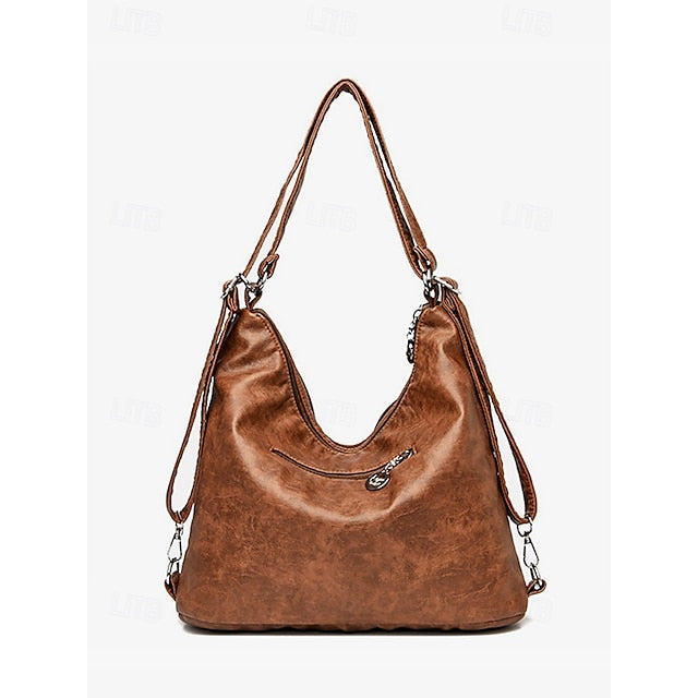 Brown Leather Women's Bag Multiple Faux Pockets with Hobo