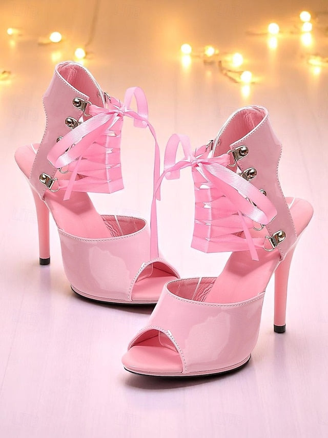 Cutout Lace-Up Sandals Patent Women's Black Sexy - Stiletto