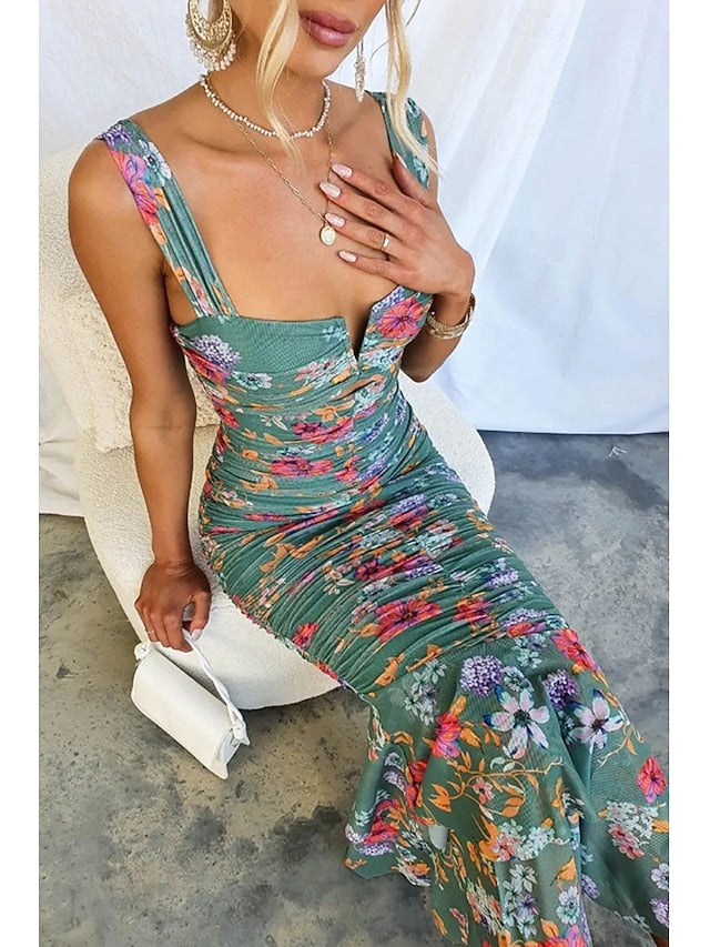 Women's Midi Dress Slip Dress Print Dress Ruched Dress