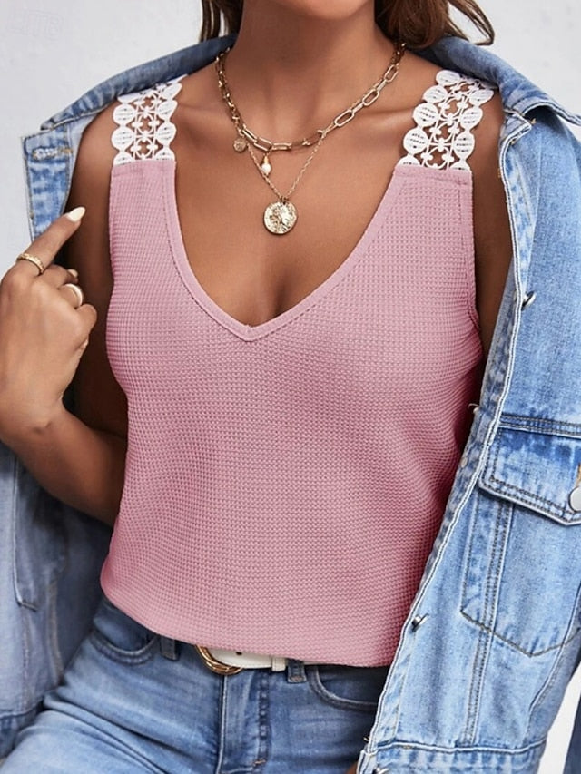 Women's T Shirt Tank Top Tee Top Lace Solid Color Graphic