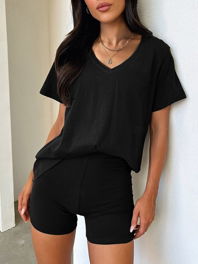 Women's Shorts Sets Short Sleeve Round Neck Plain Fashion