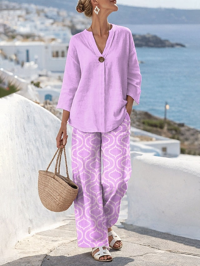 Women's Two Piece Sets Linen Like Pants Sets Bolero Top 3/4