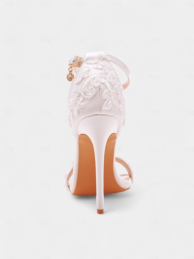 with Heels Lace Women's Stiletto Ankle Strap Wedding White