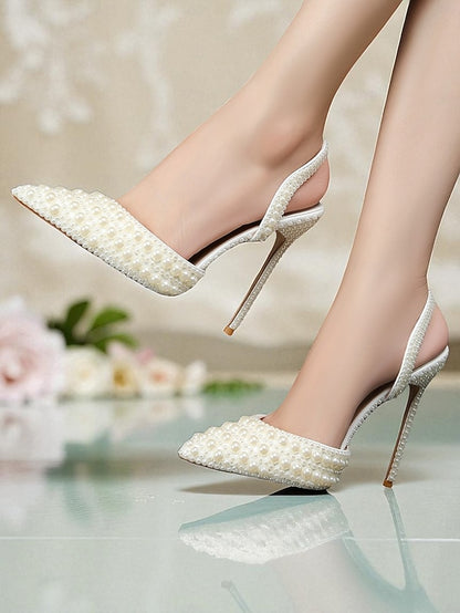 Pearl-Embellished Leather Heels Women's White Slingback -
