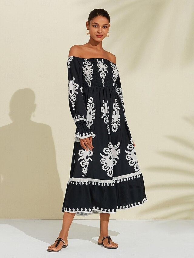 Geometric Print Off Shoulder Midi Satin Dress