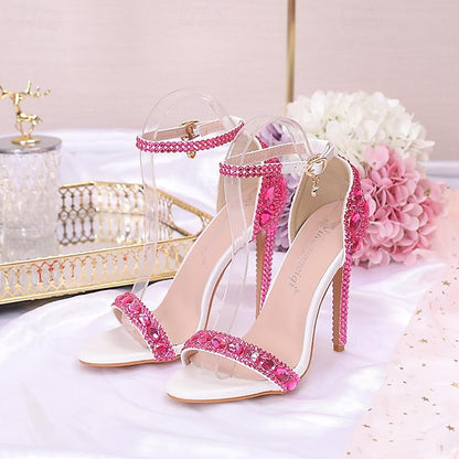 Ankle Heels Stiletto Matching Women's with Rhinestone Green