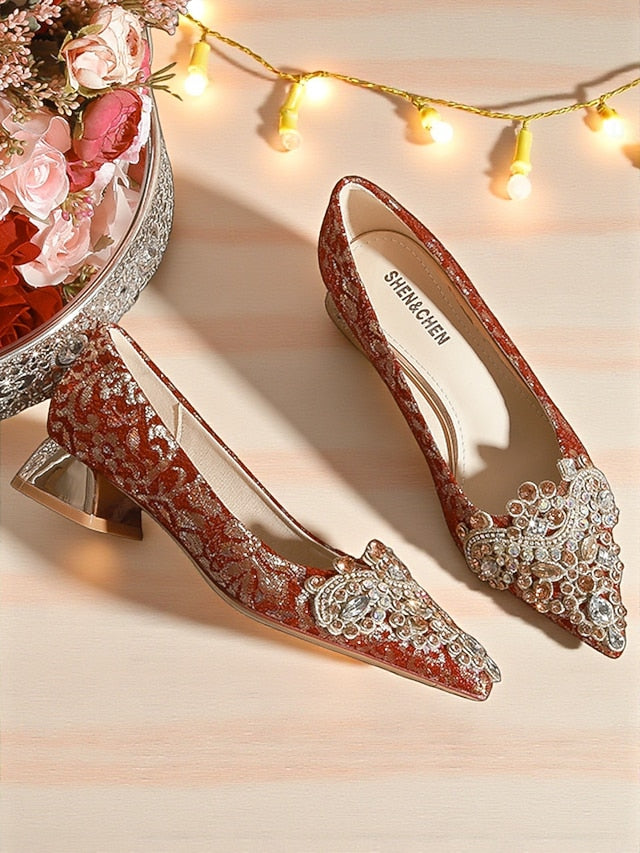 Red Women's Embellished Rhinestone Pointed-Toe Flats