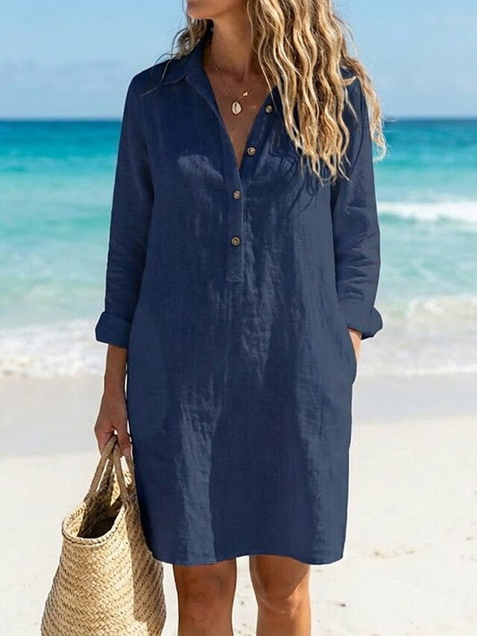 Women's Knee Length Dress Shirt Dress Cotton Linen Dress