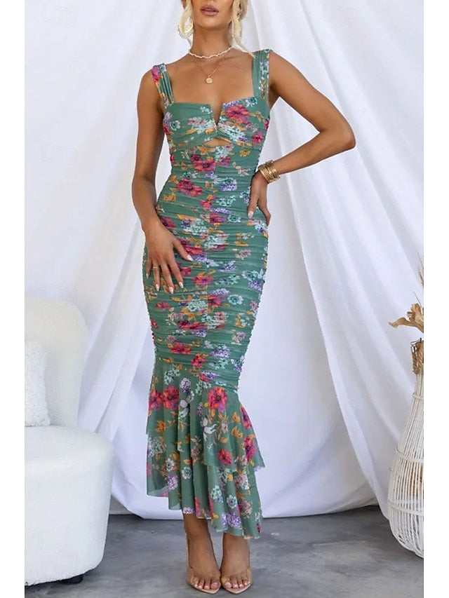 Women's Midi Dress Slip Dress Print Dress Ruched Dress