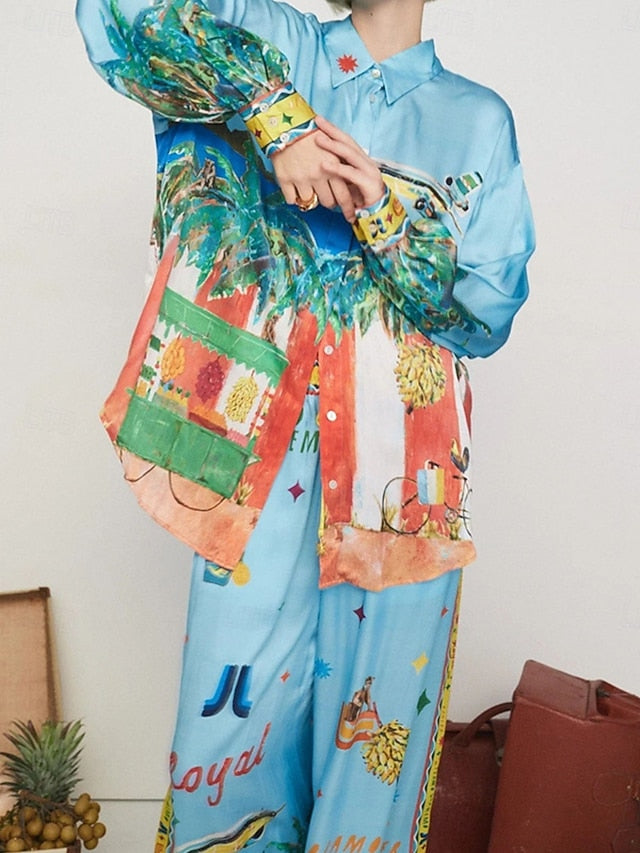 Women's Shirt Blouse Wide Leg Pants Long Sleeve Shirt
