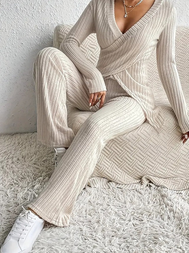 Women's Blouse Pants Sets Bolero Top Long Sleeve V Neck