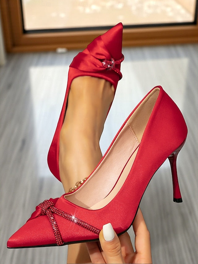 Satin Stiletto Red Toe with Heels Pointed Women's