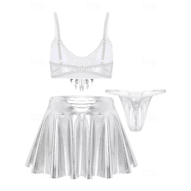 Retro Vintage 1980s Rave Skirt Outfits Crop Top Disco Shiny
