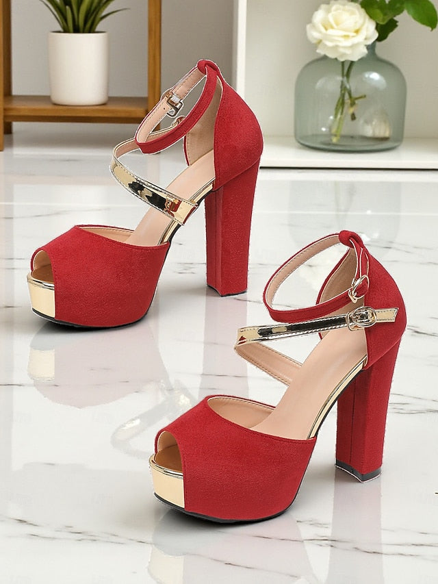 Toe Suede Sandals Red Platform Peep Block - Women's Heel