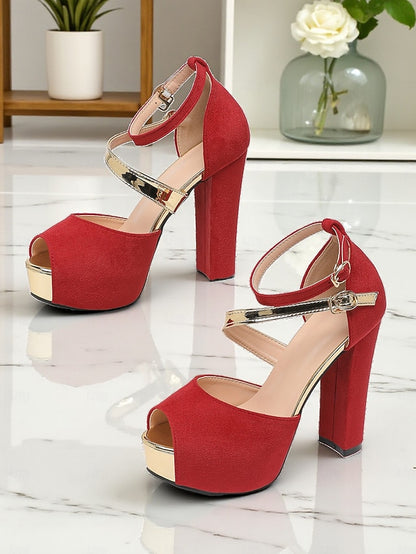 Toe Suede Sandals Red Platform Peep Block - Women's Heel