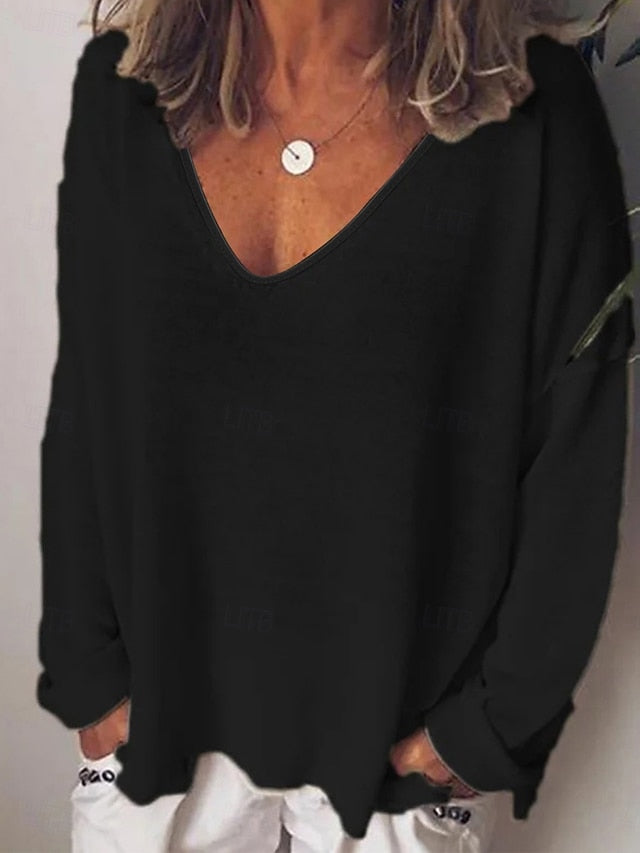 Women's Blouse Solid Color Stylish Casual Long Sleeve V