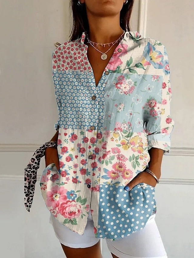Women's Shirt Pocket Buttons Print Floral Bohemia Hawaiian