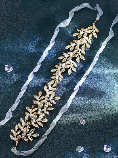 Elegant Pearl Accents Gold with Bridal Leaf – Belt