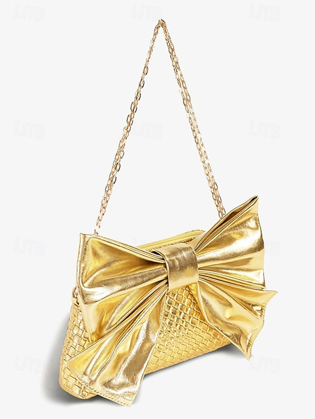Leather Bow Faux Oversized with Clutch Bag Women's Gold