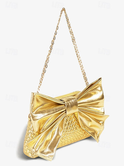 Leather Bow Faux Oversized with Clutch Bag Women's Gold