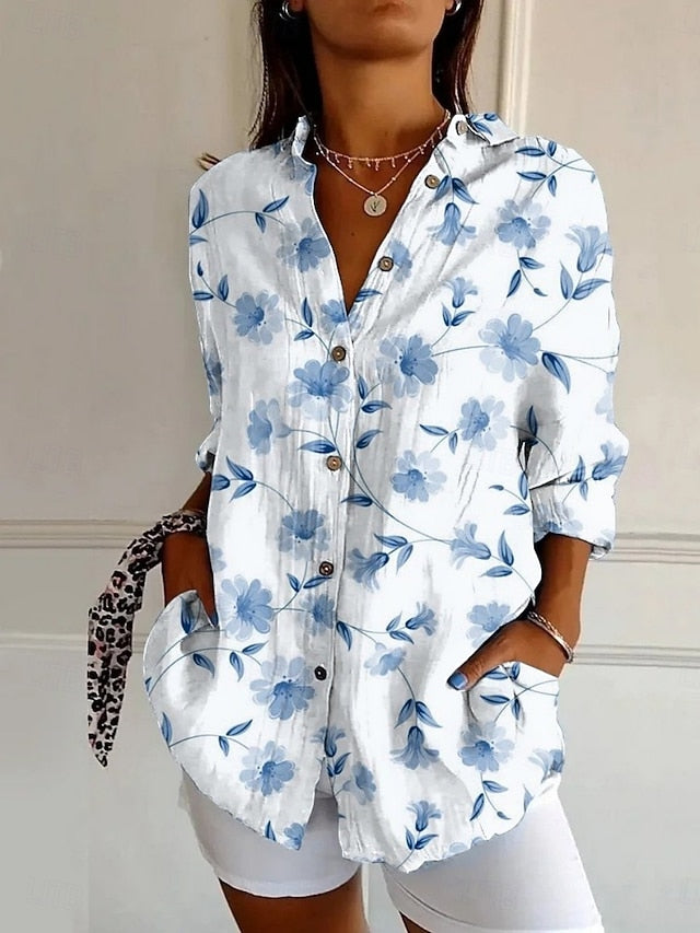Women's Shirt Pocket Buttons Print Floral Bohemia Hawaiian