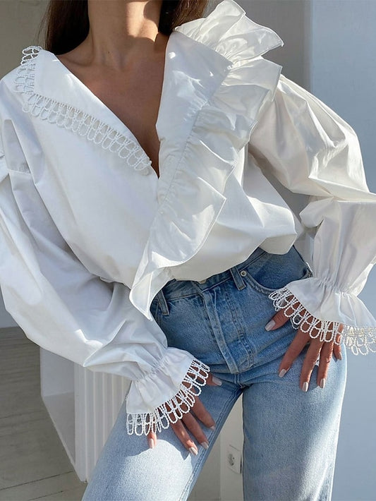 Women's Casual Shirt Button Up Shirt Blouse Ruffle Solid