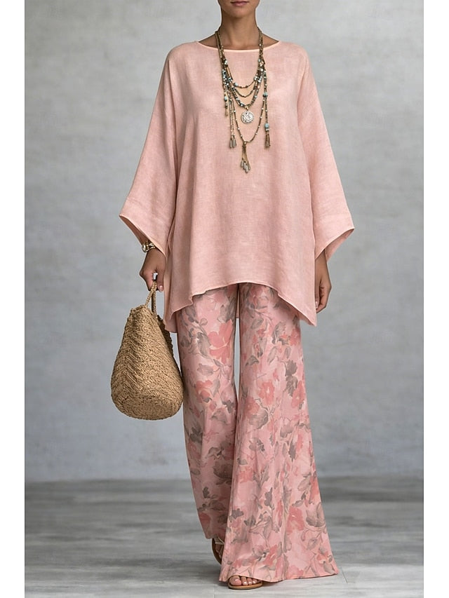 Women's Pants Sets Long Sleeve Round Neck Floral Graphic