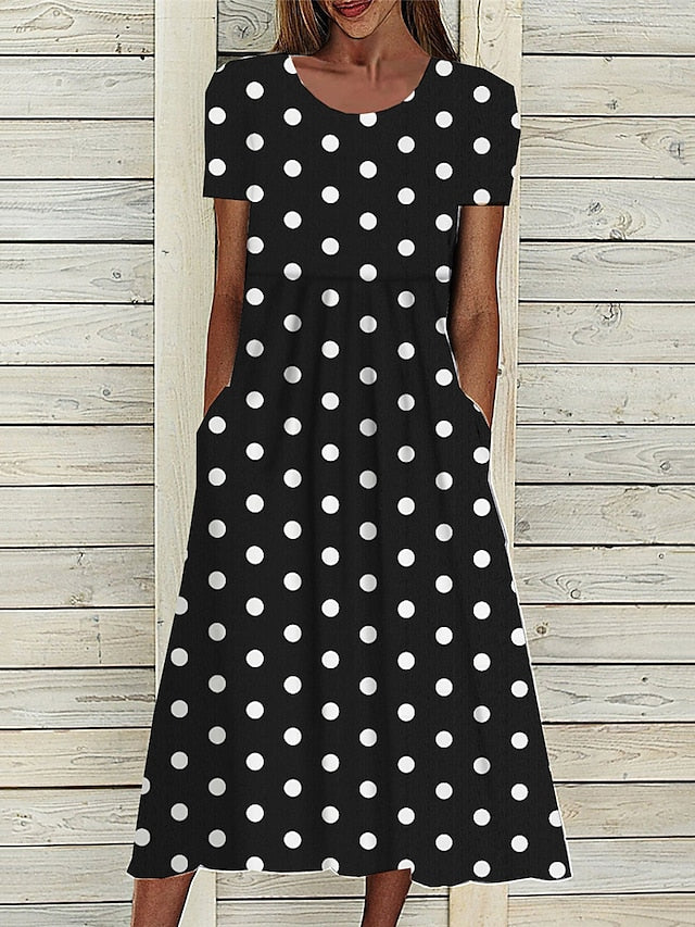 Women's Midi Dress Floral Polka Dot Pocket Print Crew Neck