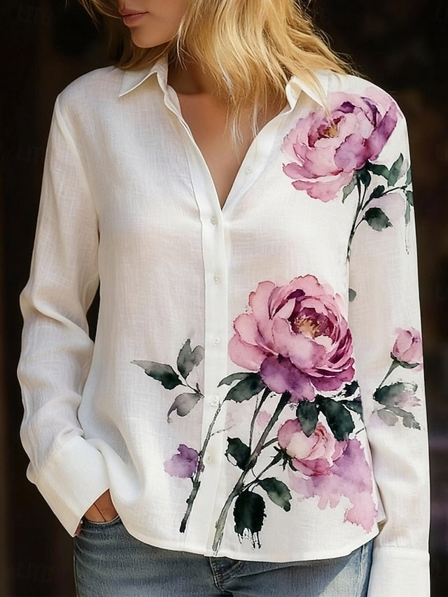 Women's Shirt Boho Shirt Faux Cotton Linen Buttons Print